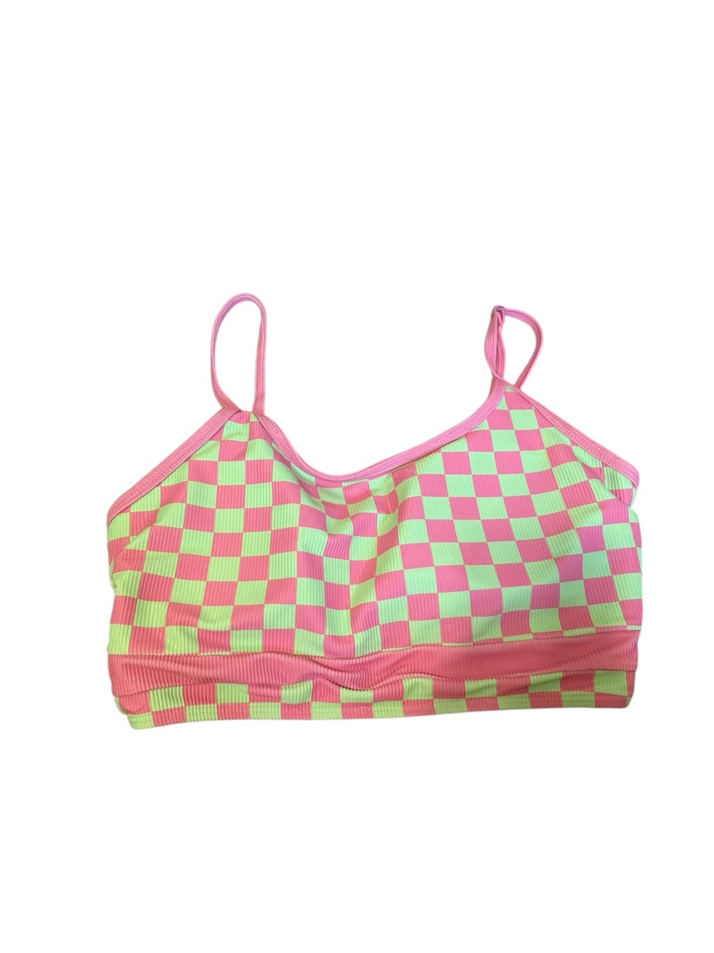 Pink Lily Pink and Lime Checkerboard Ribbed Swim Bikini Top